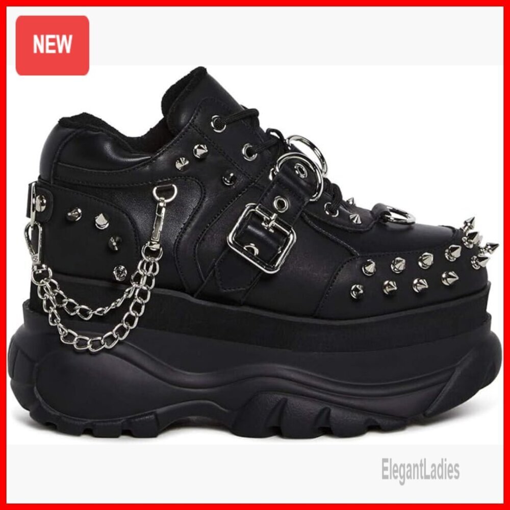 Platform Sneakers with Spikes and Chains, Chunky Vegan Leather Shoes